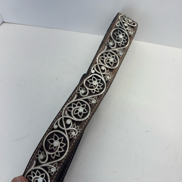 Vintage Tooled Leather Belt w/Floral Scroll Design Brown/White Western Large 43” main image 4
